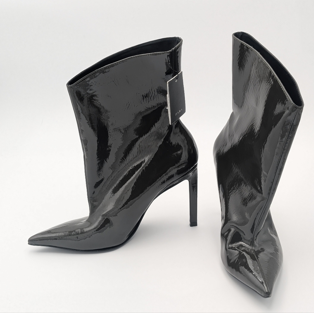 Zara Dark Green Faux Patent Leather Women's Ankle Boots